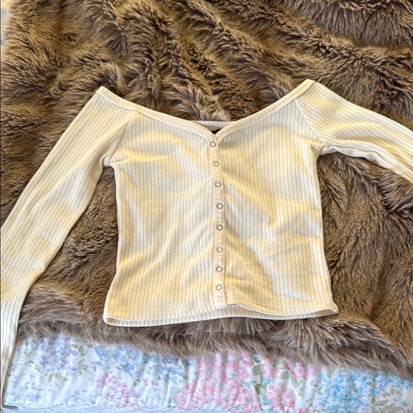 Forever 21 Cream Ribbed Off-Shoulder Crop Top - Picture 1 of 1